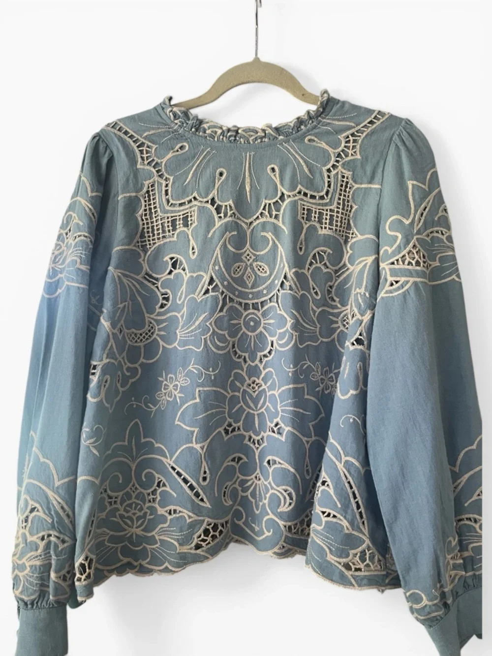 Anthro Embroidered Blue and Cream Cutwork Blouse - Linen and Cotton- size L - Picture 2 of 8